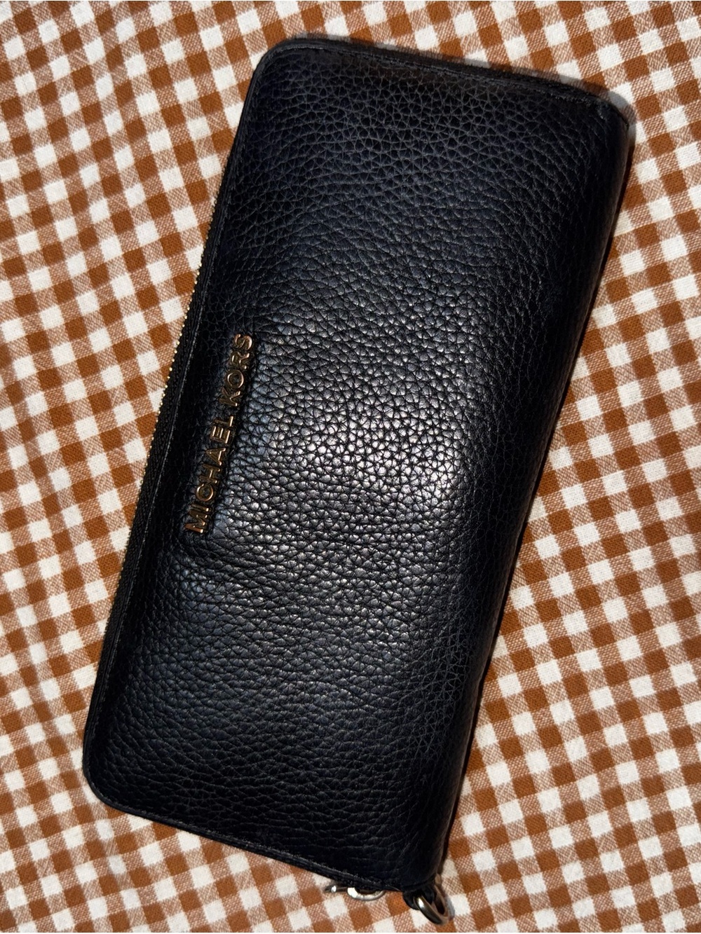 Michael Kors Black Pebbled Leather Zip Card Holder with Gold Logo